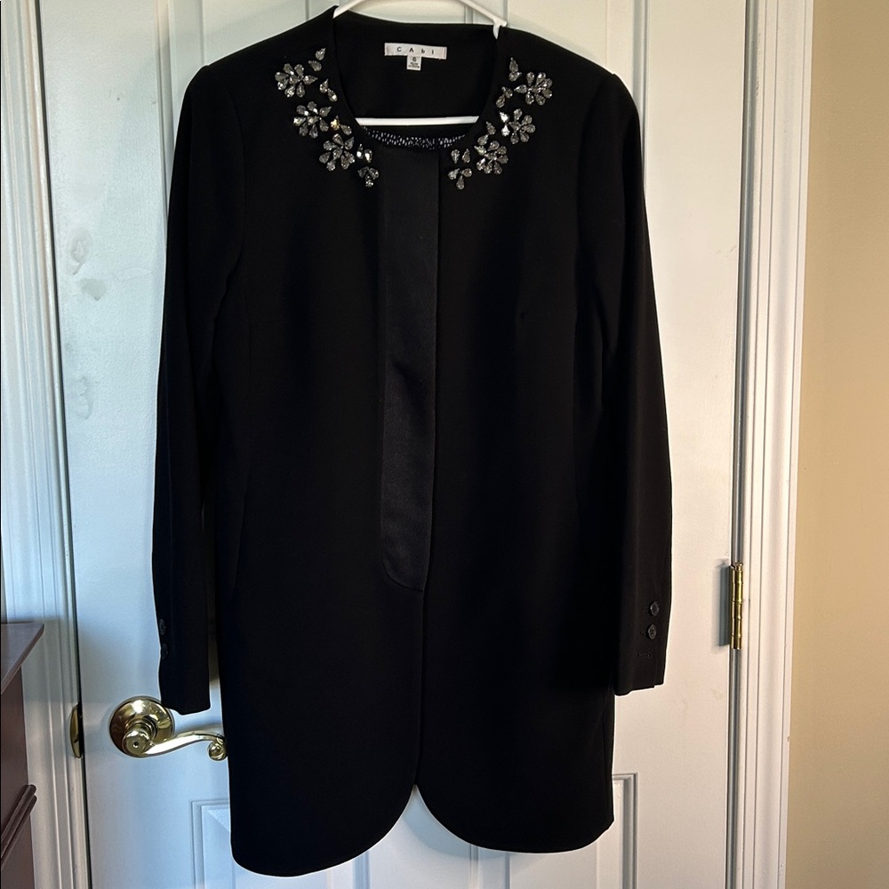 CAbi Black Coat with Crystal Floral Accents